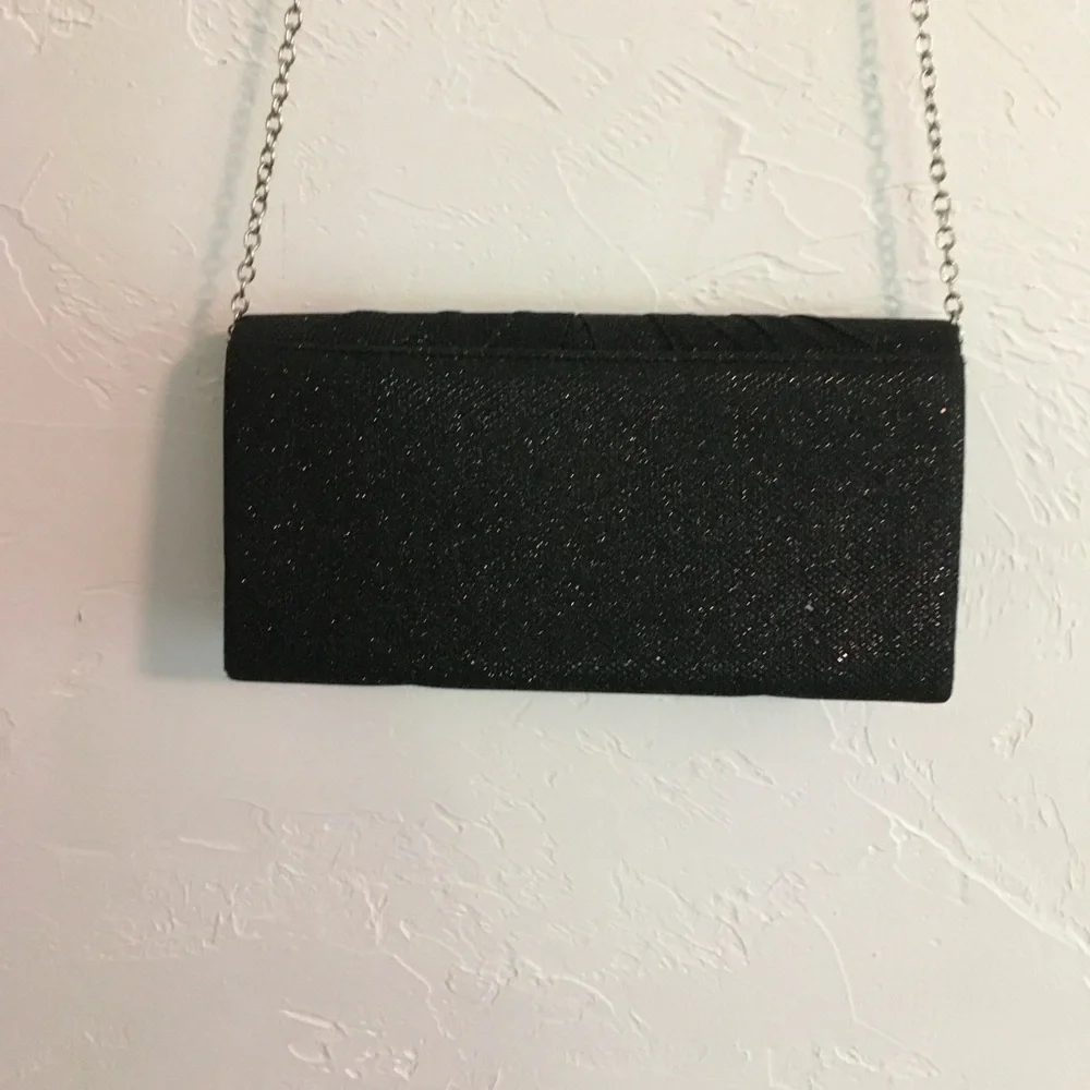 Black Shimmer Pleated Evening Clutch Bag Chain 10x5